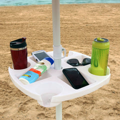 Drink and Snack Table with Tray Slots and 4 Cup Holders for Beach Umbrella Poles - White