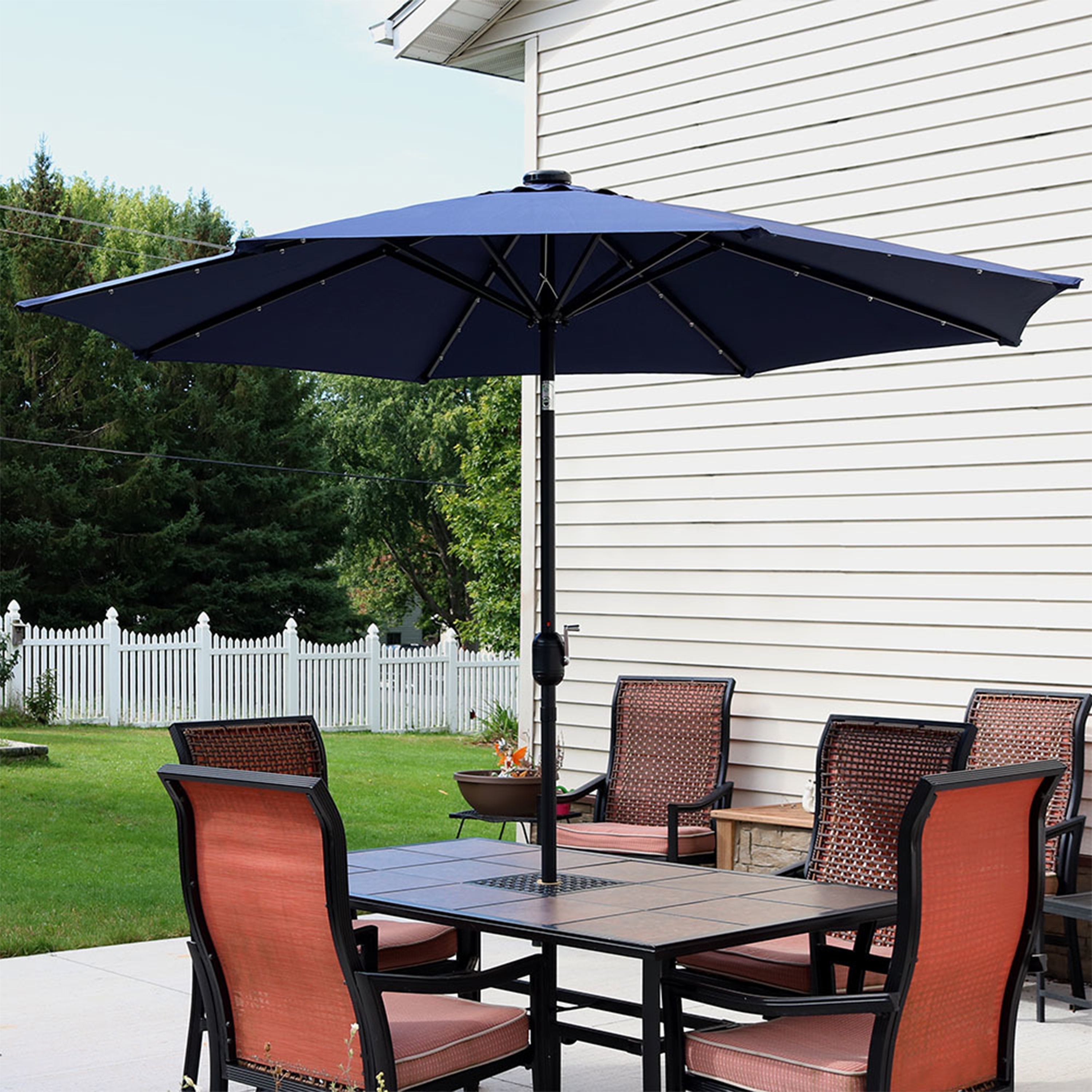  Sunnydaze Decor Solar Patio Umbrella with Canopy, LED Lights and Tilt and Crank - 9' - Red - Bonton