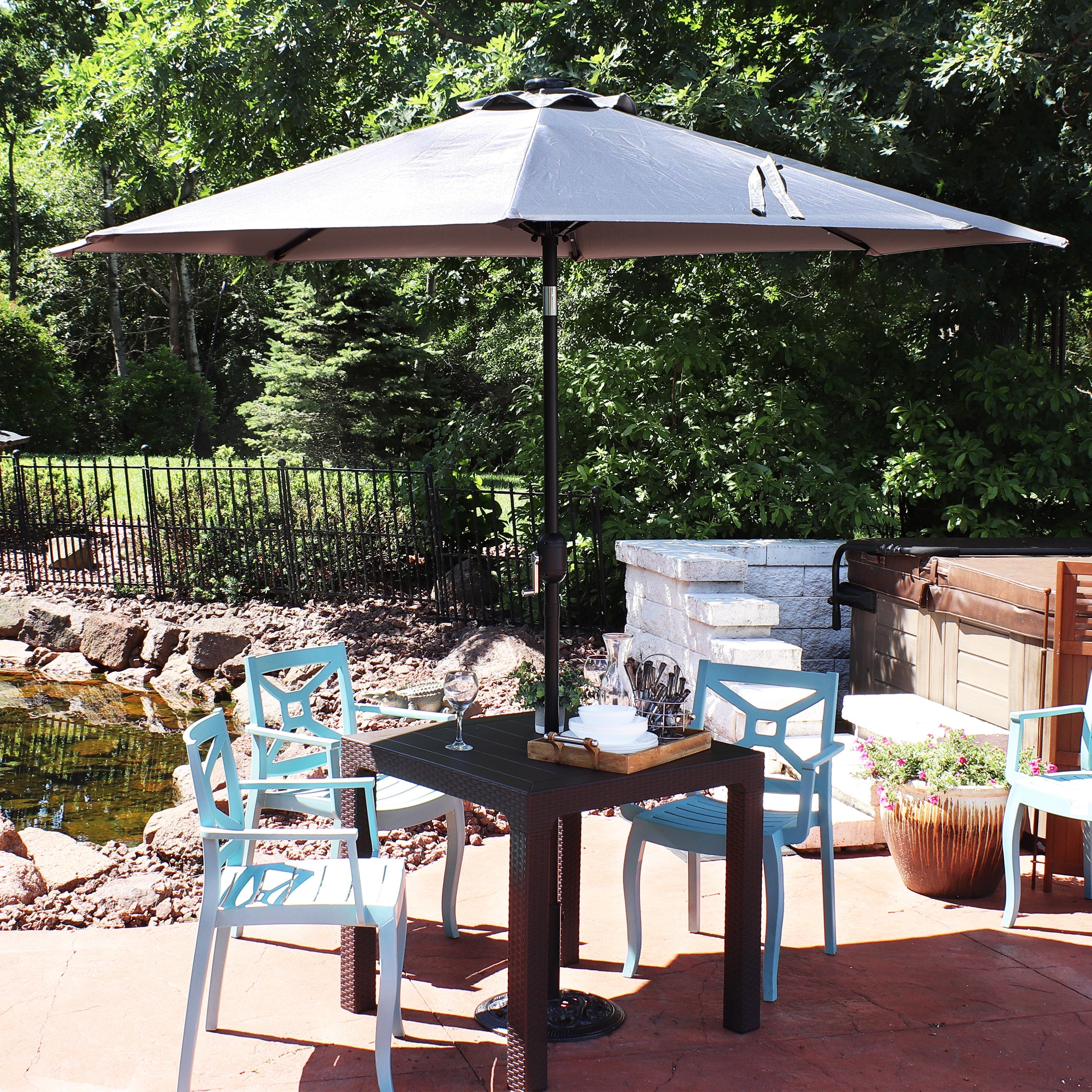  Sunnydaze Decor Solar Patio Umbrella with Canopy, LED Lights and Tilt and Crank - 9' - Navy Blue - Bonton