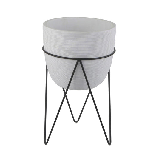 White Rounded Cement Planter On Stand