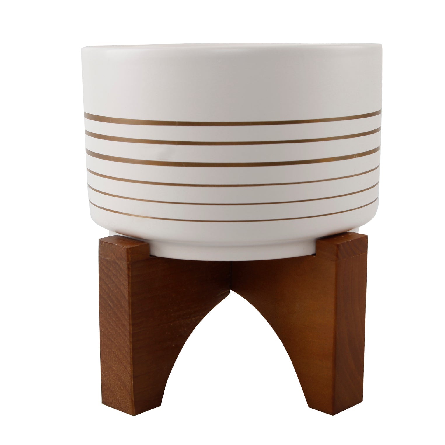  Flora Bunda White Ceramic Pot with Gold Lines on Wood Stand - White/Gold - Bonton