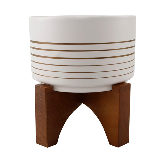 White Ceramic Pot with Gold Lines on Wood Stand