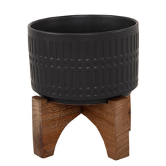 Matte Black Column Patterned Ceramic Bowl With Wood Stand