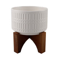 White Grecian Patterned Planter on Wood Stand