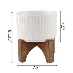 White Grecian Patterned Planter on Wood Stand