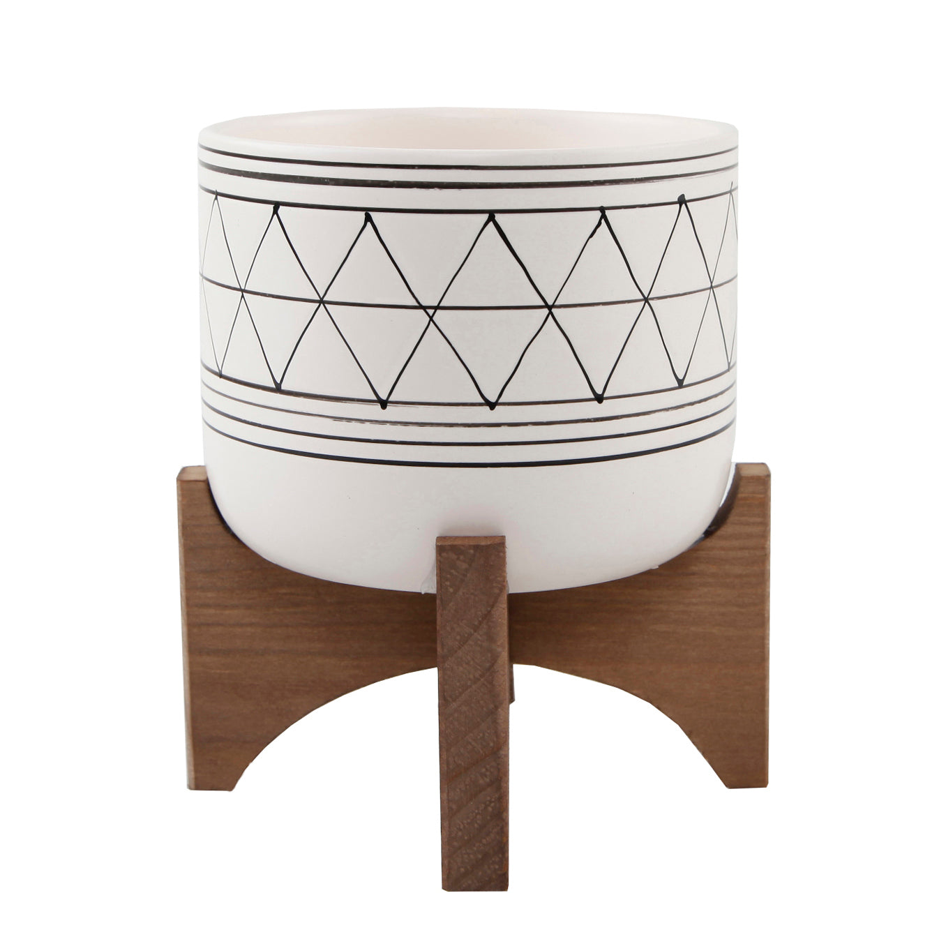  Flora Bunda White with Black line Patterned Planter with Wood Stand - White/Black - Bonton