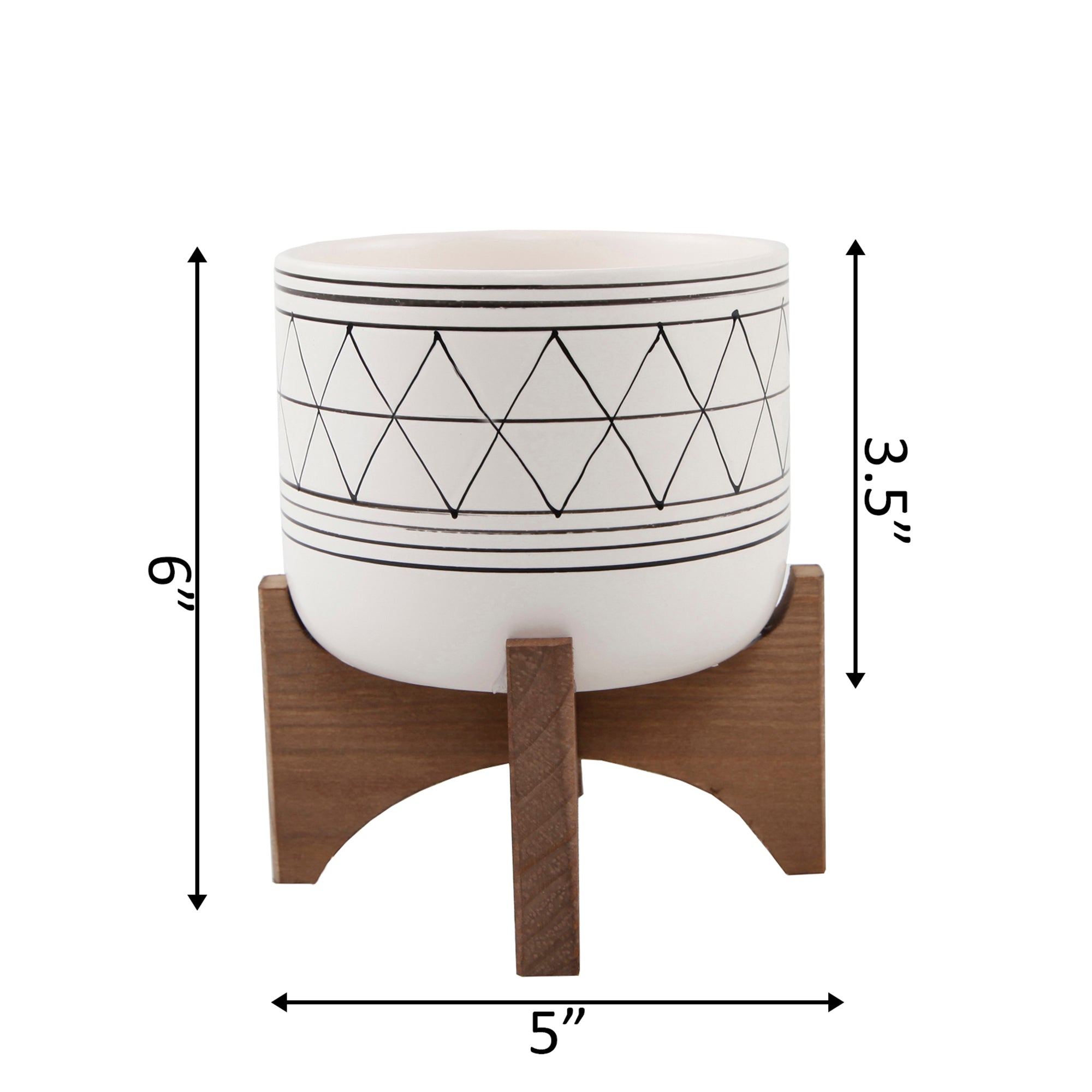  Flora Bunda White with Black line Patterned Planter with Wood Stand - White/Black - Bonton