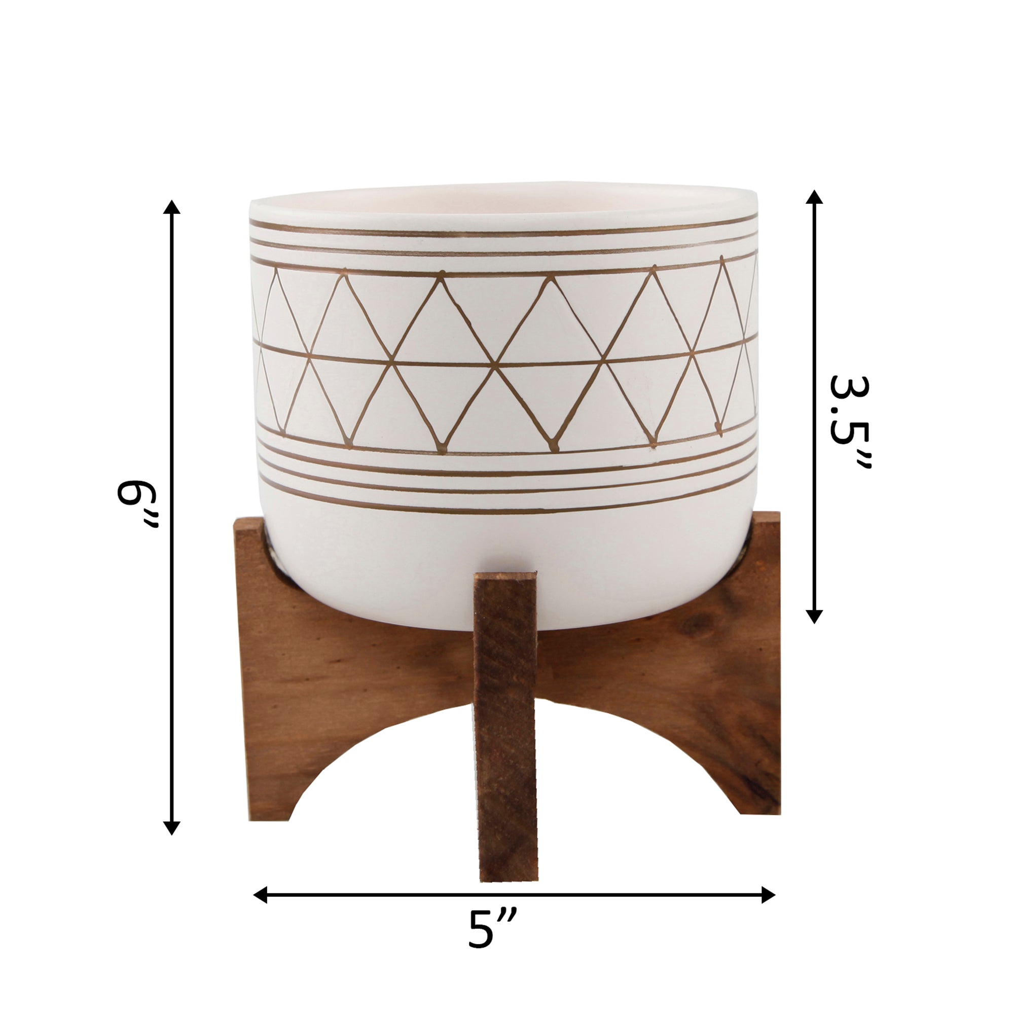  Flora Bunda White with Gold Patterned Planter on Wood Stand - White/Gold - Bonton