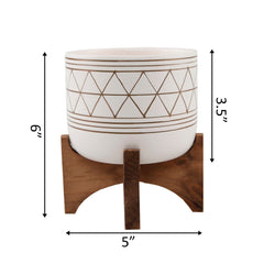 White with Gold Patterned Planter on Wood Stand