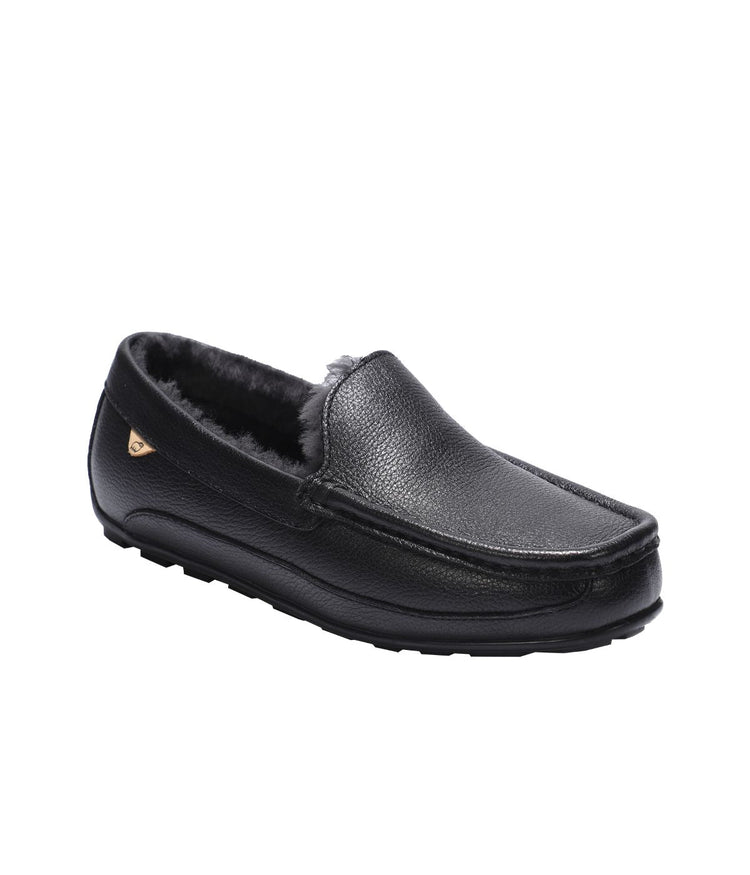 Men's Leather Moc slipper with fur lining Black