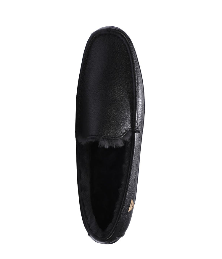 Men's Leather Moc slipper with fur lining Black