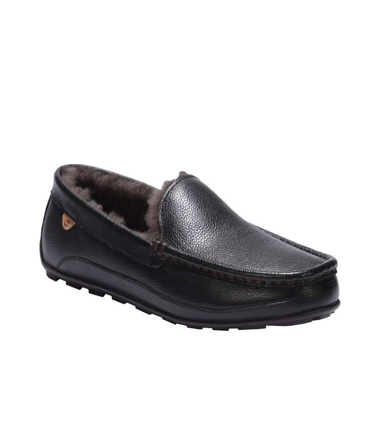 Men's Leather Moc slipper with fur lining Chocolate