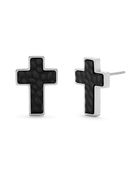 Men's Textured Black Cross Stud Earrings