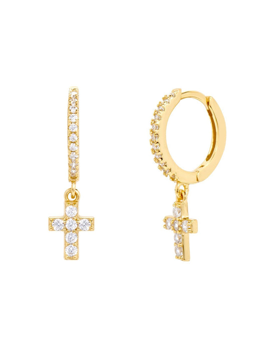 Gold Plated Huggies Hoops Earrings w/ Cross Charm