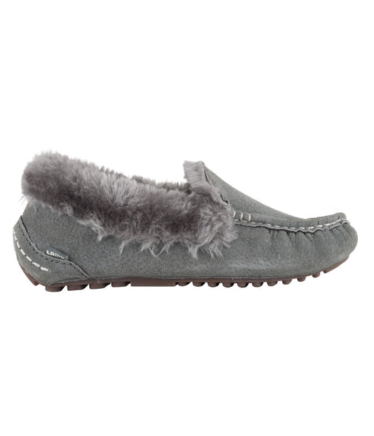 Classic Ladies rich suede Moc with fur lining & plush fur collar CHARCOAL