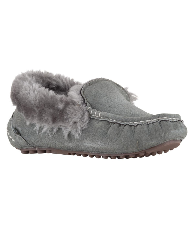 Classic Ladies rich suede Moc with fur lining & plush fur collar CHARCOAL