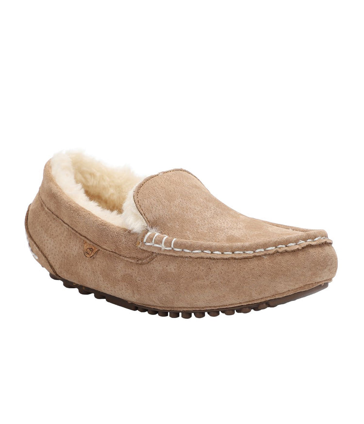 Wide ladies rich suede slipper moccasin with fur lining Chestnut
