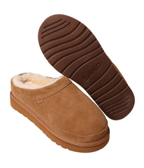 Ladies Clog-style slipper with premium suede upper and fur lining CHESTNUT