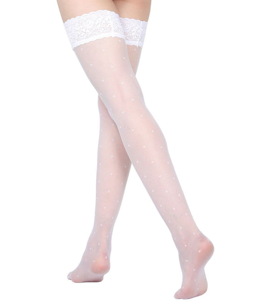 Women's Seduction Sheer Allover Dot Thigh High Stockings Bianco