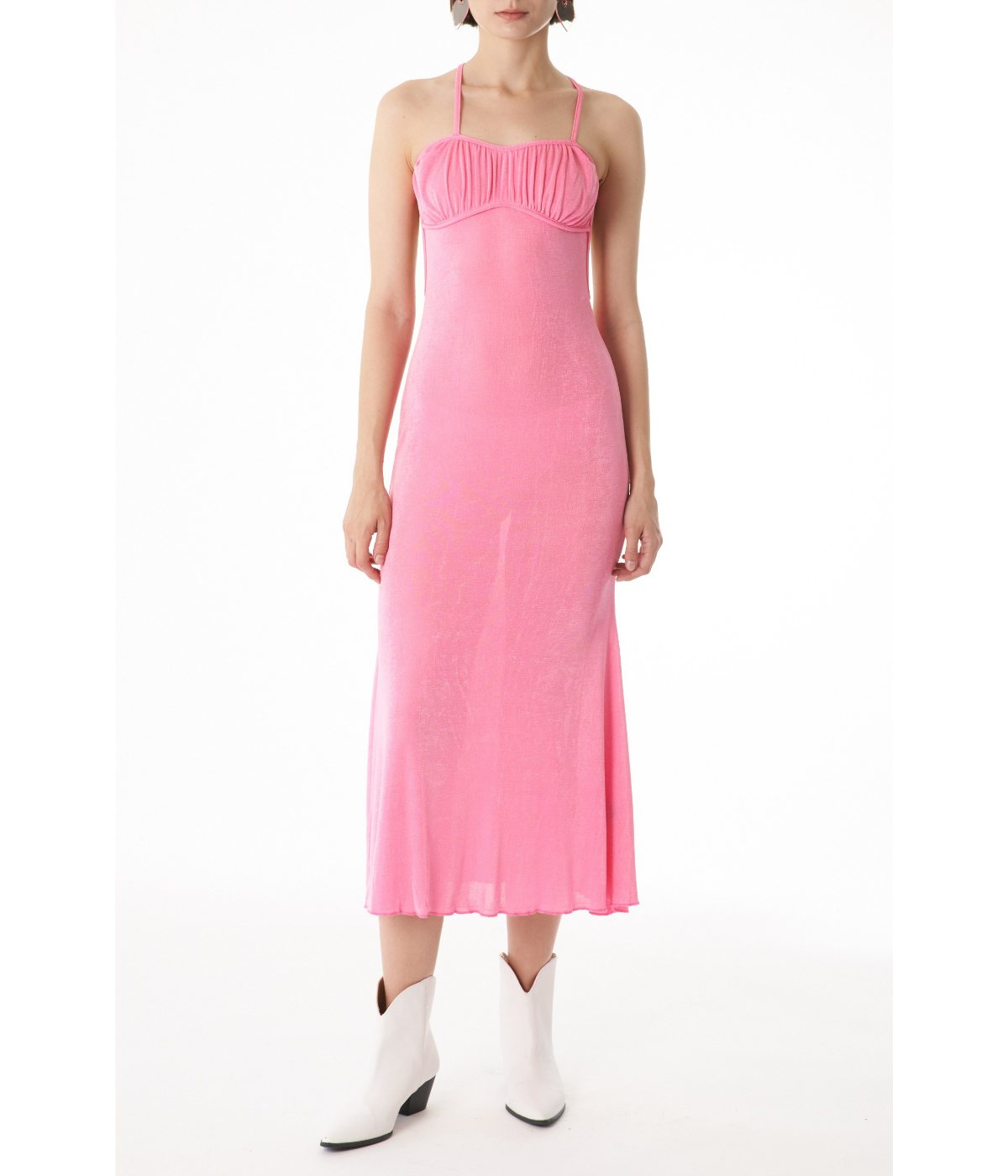 Ese Pink Dress with a Sweetheart Neckline Empire Waist and Adjustable Straps Midi Dress Pink