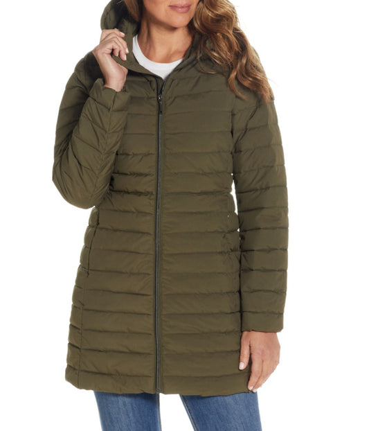 Hooded Channel Quilted Puffer Jacket with Stretch fabrication Dusty Olive