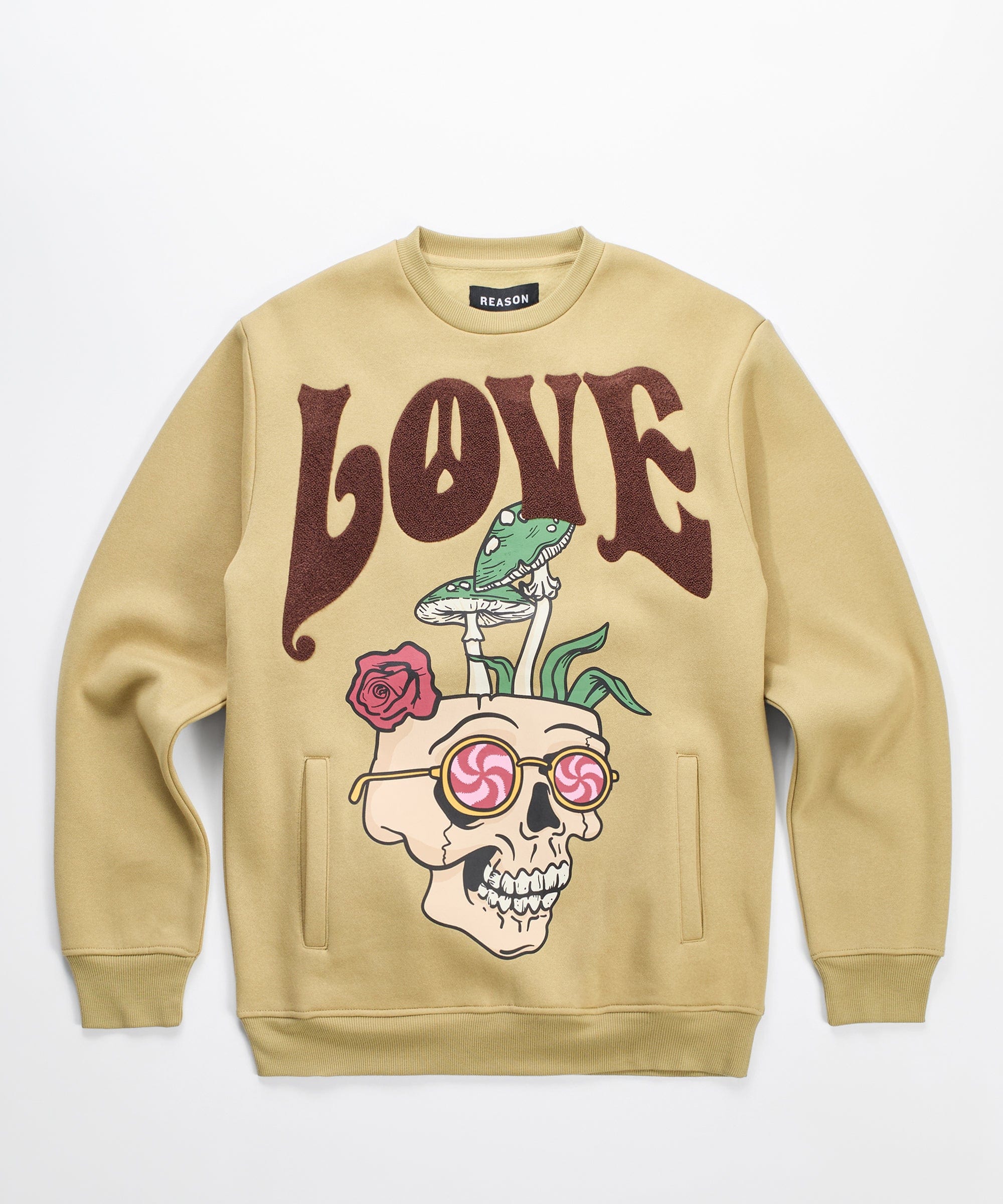  Reason Clothing Love Hate Front and Back Chenille Patched Crewneck - Khaki - KHAKI - Bonton
