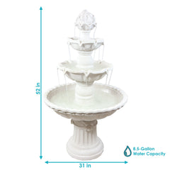 52"H Electric Fiberglass 4-Tier Fruit Top Water Fountain, White Finish