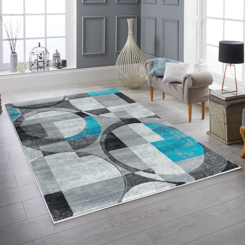 Silver Grey Blue Turquoise Geometric Shapes Hand-Carved Abstract Soft Premium Modern Contemporary Non-Shedding Area Rug by Homemartgoods