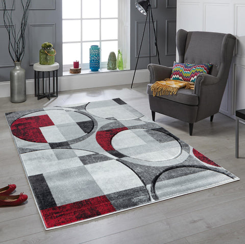 Silver Grey Red Geometric Shapes Hand-Carved Abstract Soft Premium Modern Contemporary Non-Shedding Area Rug by Homemartgoods
