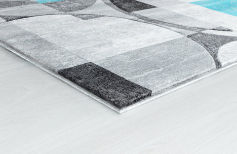 Silver Grey Blue Turquoise Geometric Shapes Hand-Carved Abstract Soft Premium Modern Contemporary Non-Shedding Area Rug by Homemartgoods