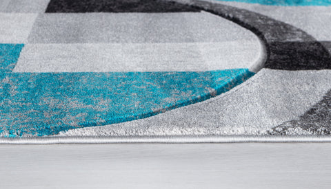 Silver Grey Blue Turquoise Geometric Shapes Hand-Carved Abstract Soft Premium Modern Contemporary Non-Shedding Area Rug by Homemartgoods