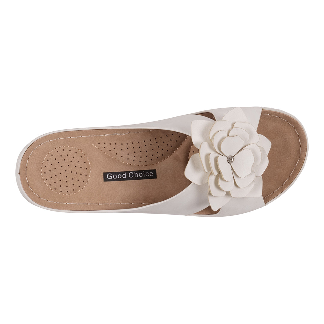  GC Shoes Women's Claire White Flower Rosette Comfort Sandals - White - Bonton