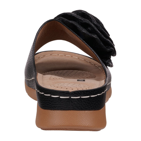 Women's Honey Black Flower Rosette Flat Comfort Sandals