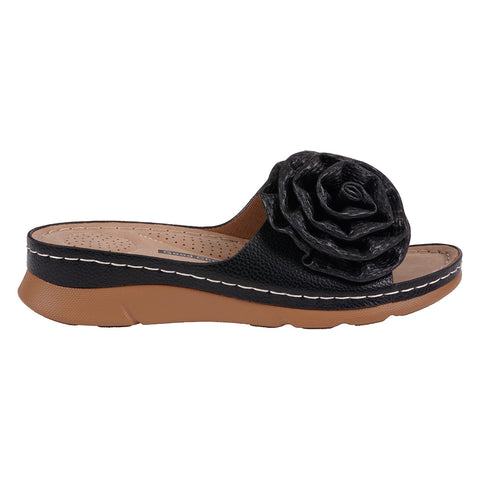 Women's Honey Black Flower Rosette Flat Comfort Sandals
