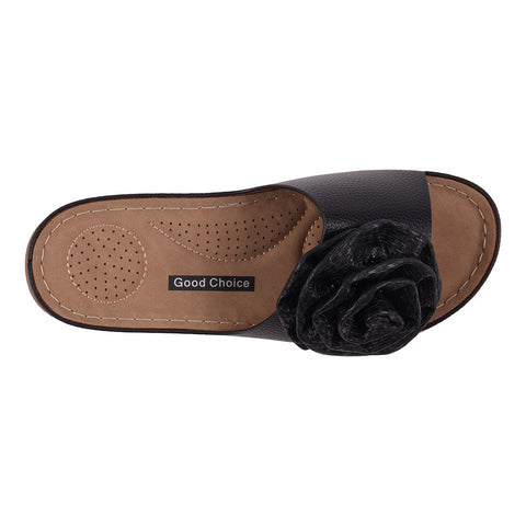 Women's Honey Black Flower Rosette Flat Comfort Sandals