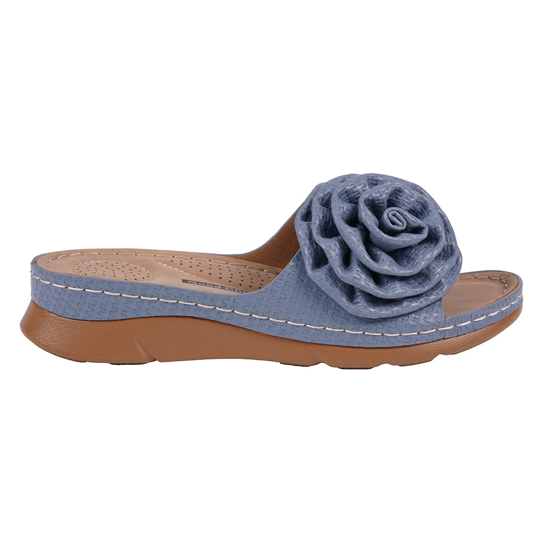  GC Shoes Women's Honey Blue Flower Rosette Flat Comfort Sandals - Blue - Bonton