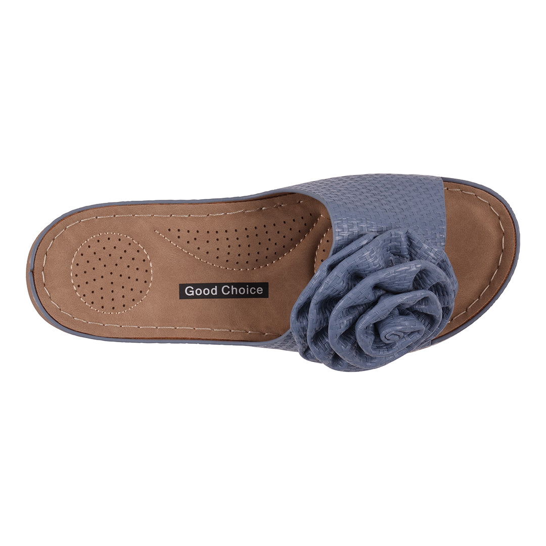  GC Shoes Women's Honey Blue Flower Rosette Flat Comfort Sandals - Blue - Bonton