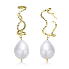 .925 Sterling Silver Gold Plating Freshwater Pearl Curvy Hoop Earrings