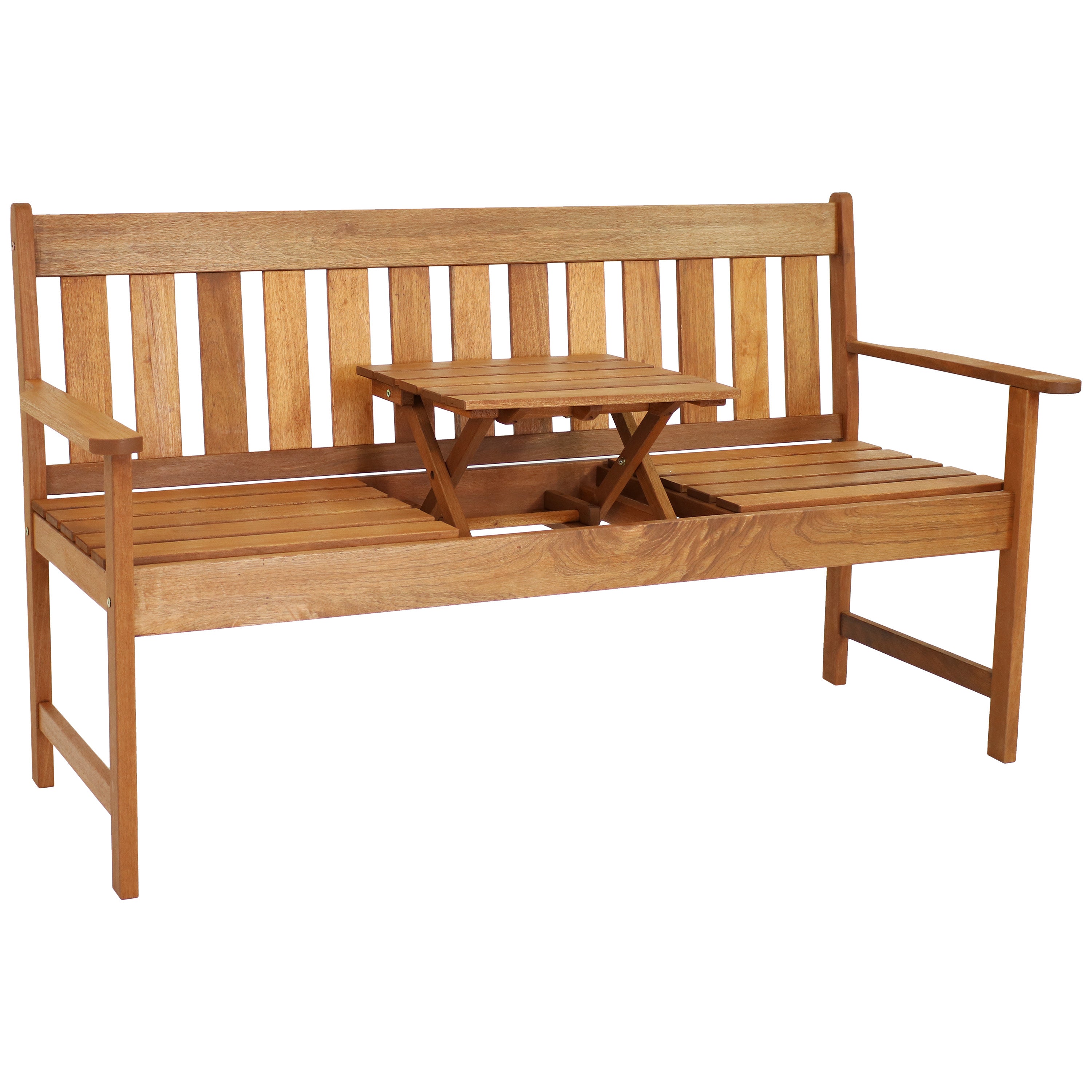  Sunnydaze Decor Meranti Wood with Teak Oil Finish 2-Person Bench Seat with Pop-Up Table - 60