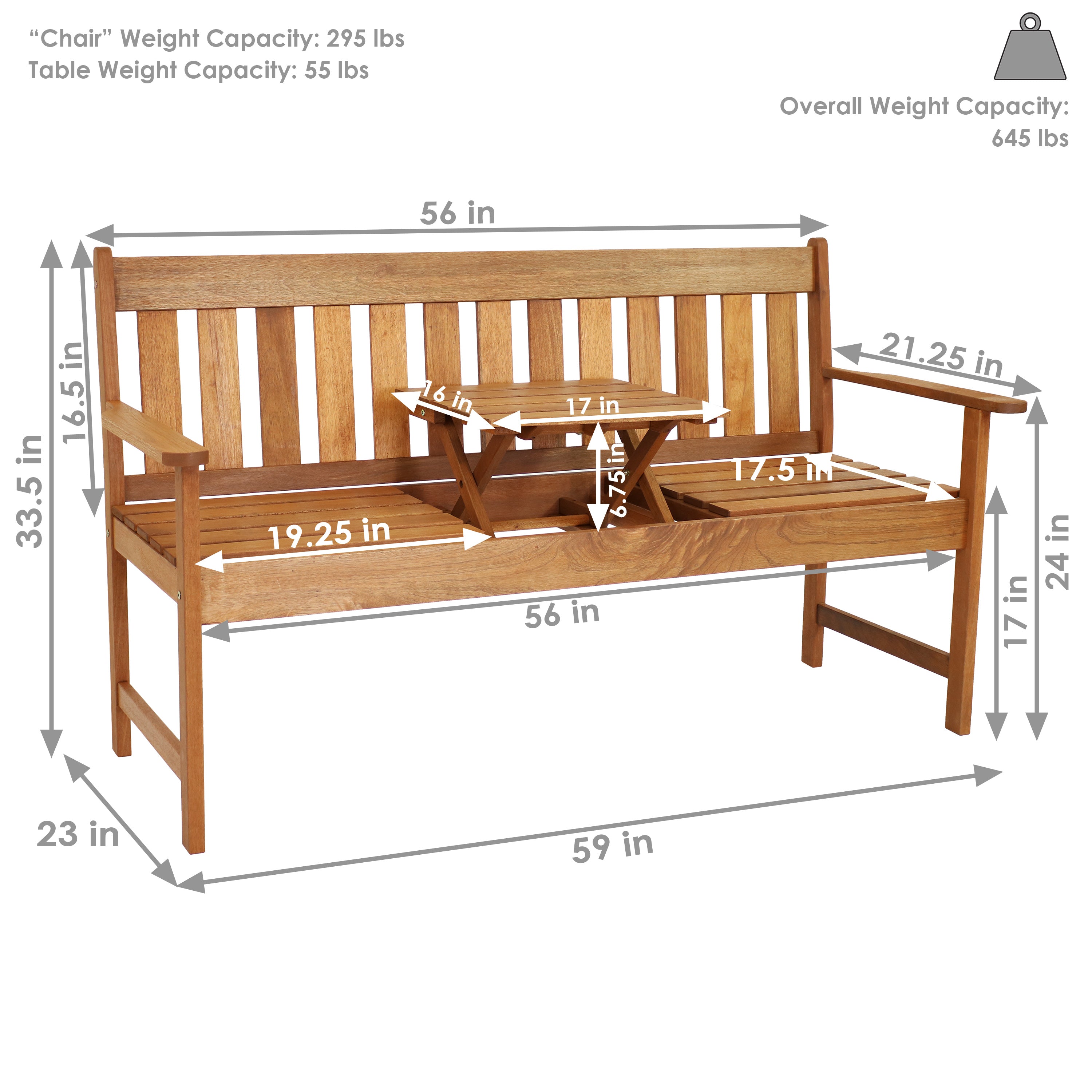  Sunnydaze Decor Meranti Wood with Teak Oil Finish 2-Person Bench Seat with Pop-Up Table - 60