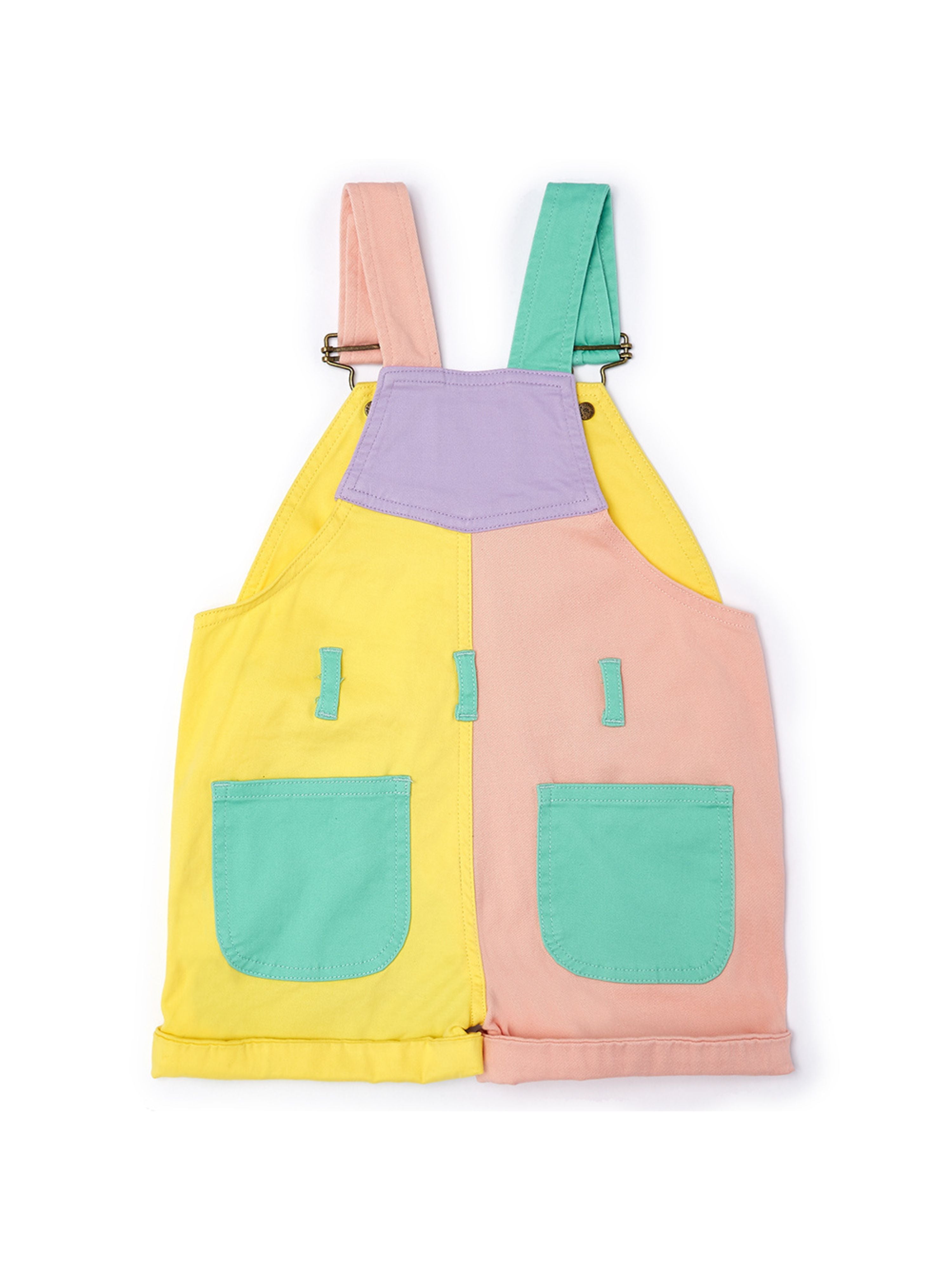  Dotty Dungarees Colourblock Summer Denim Overall Shorts - Pastel/Multi - Bonton