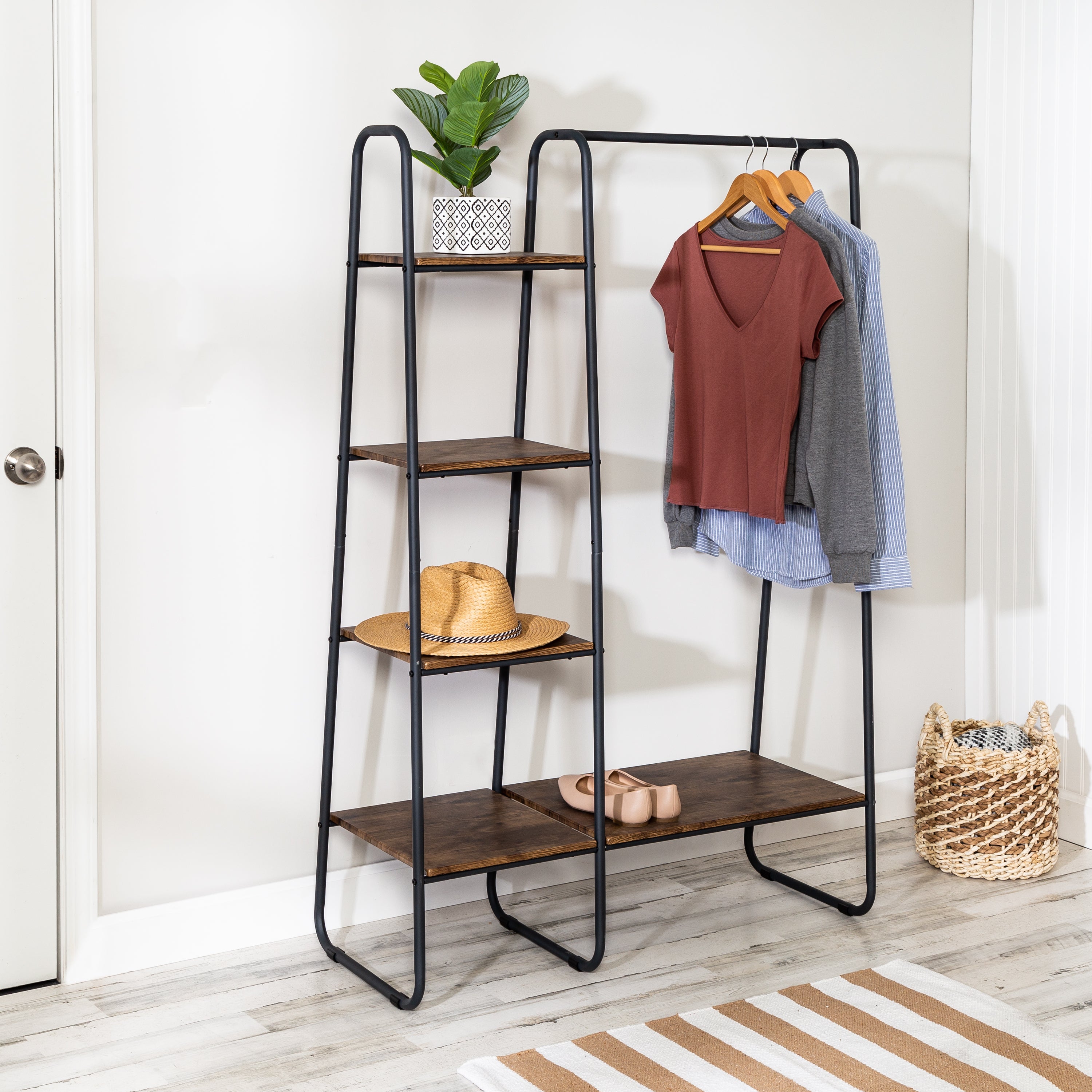  Honey-Can-Do Freestanding Metal Clothing Rack with Wood Shelves - Black - Bonton