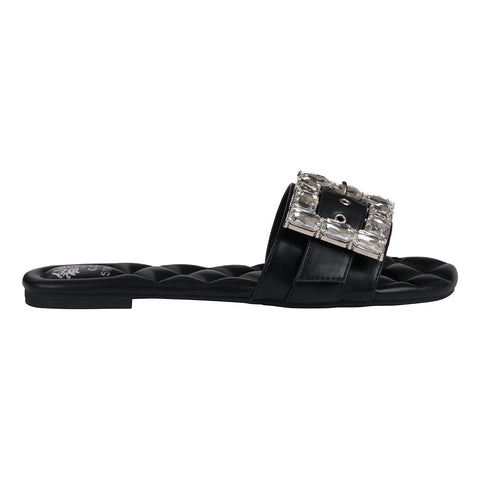 Women's Bianca Black Rhinestone Buckle Flat Sandals