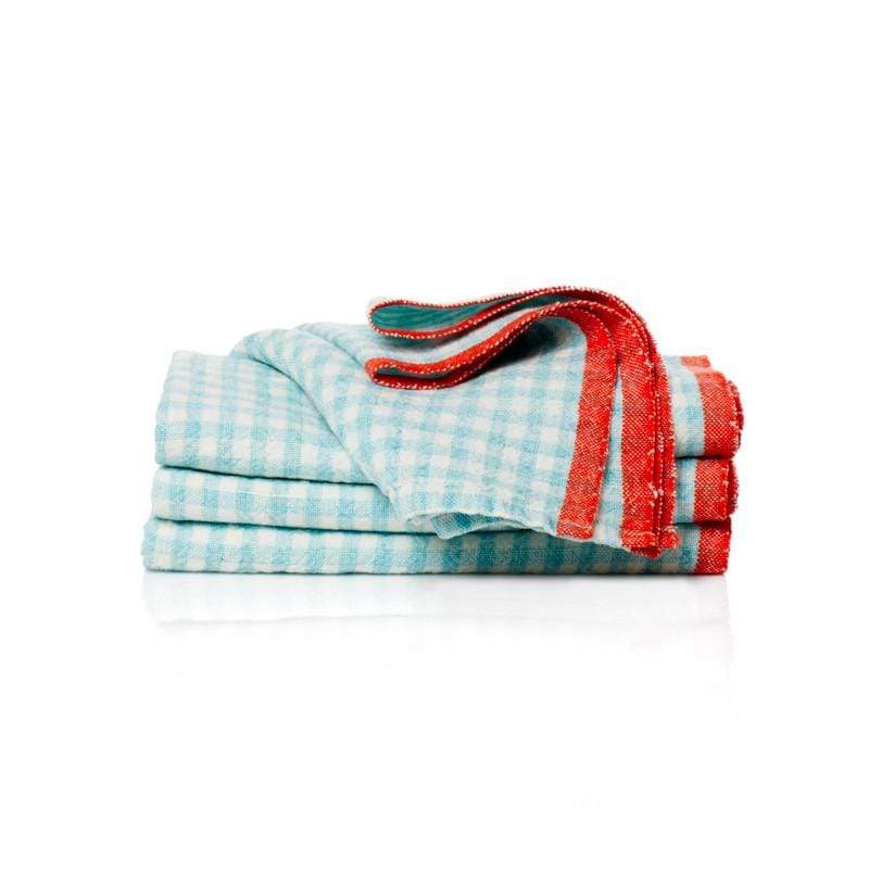  Couleur Nature Gingham Napkins Set of 4 - Aqua/Orange - Bonton