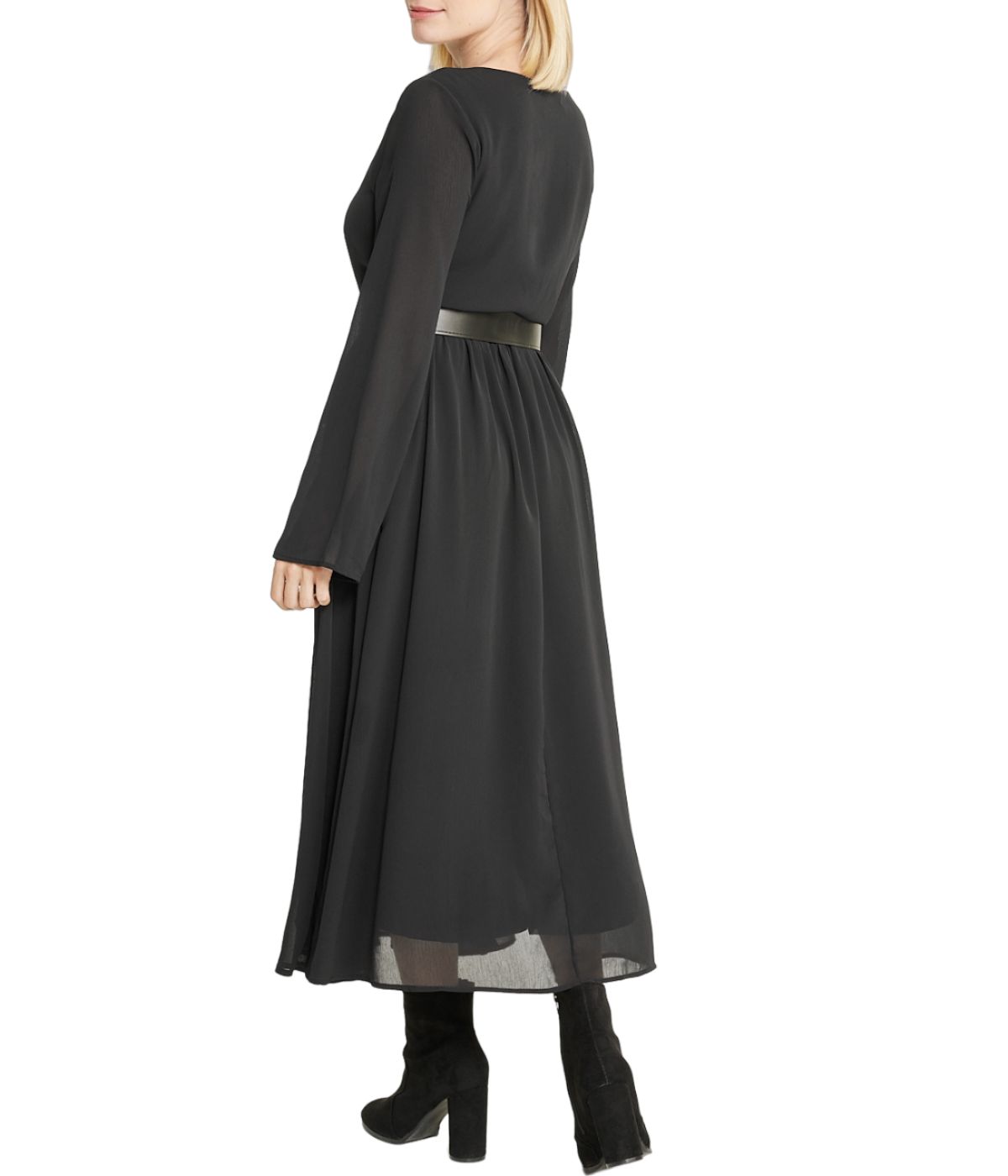  Belted Long Sleeve Dress - Black - Bonton