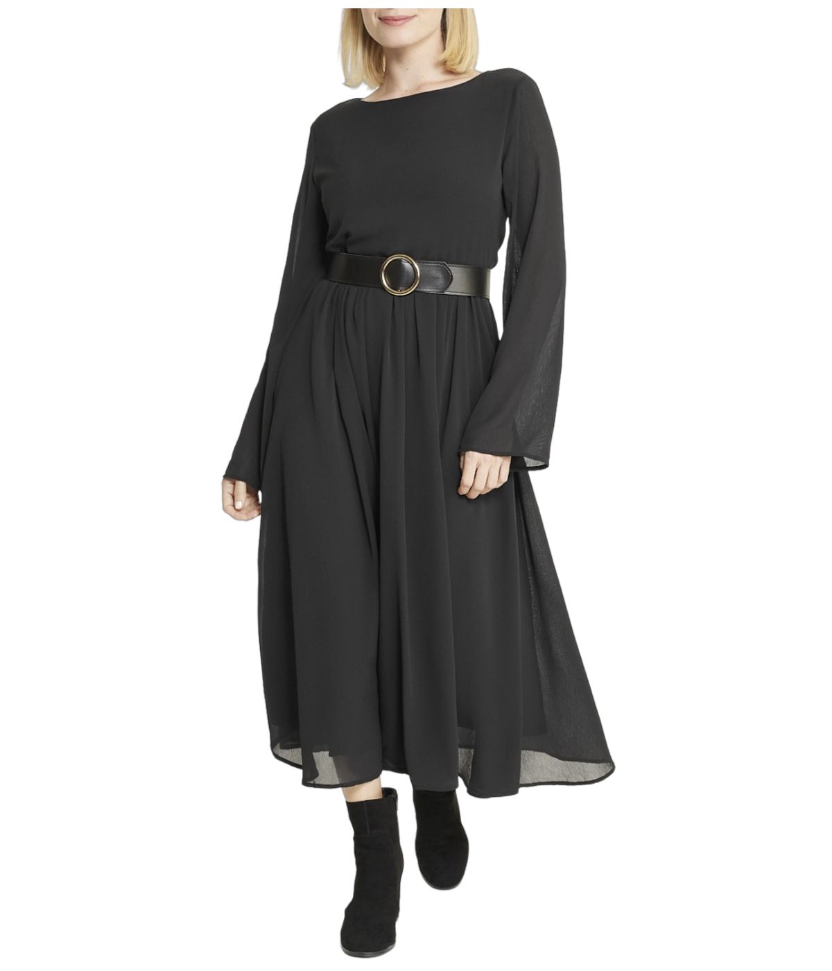  Belted Long Sleeve Dress - Black - Bonton