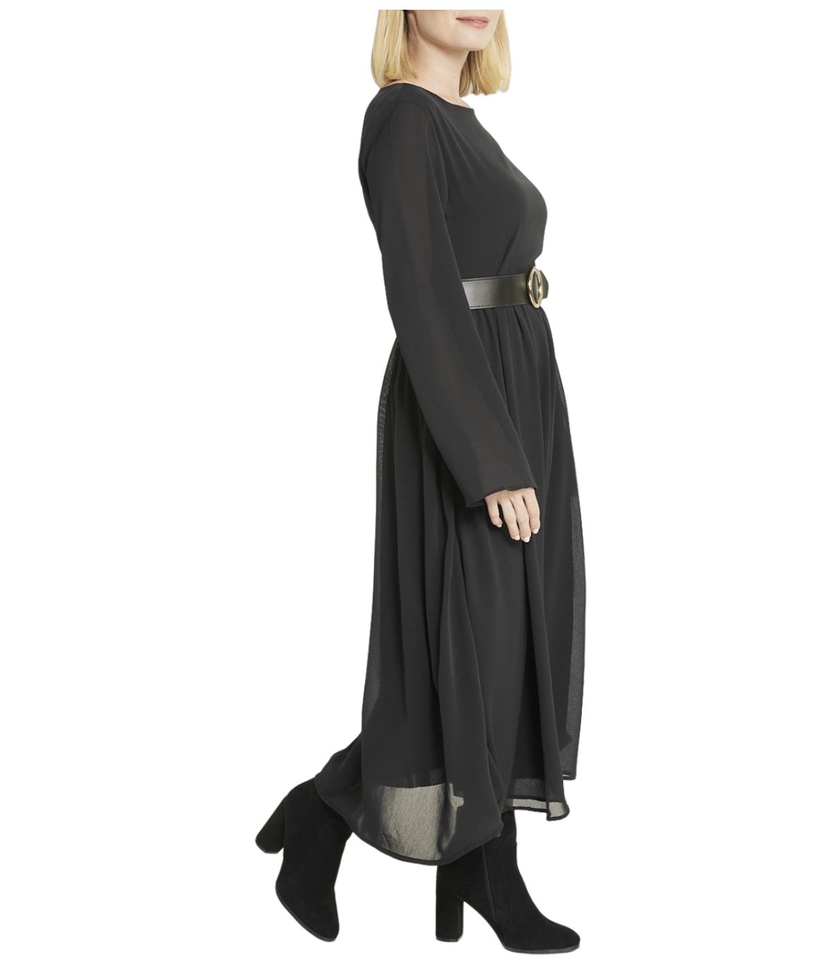  Belted Long Sleeve Dress - Black - Bonton