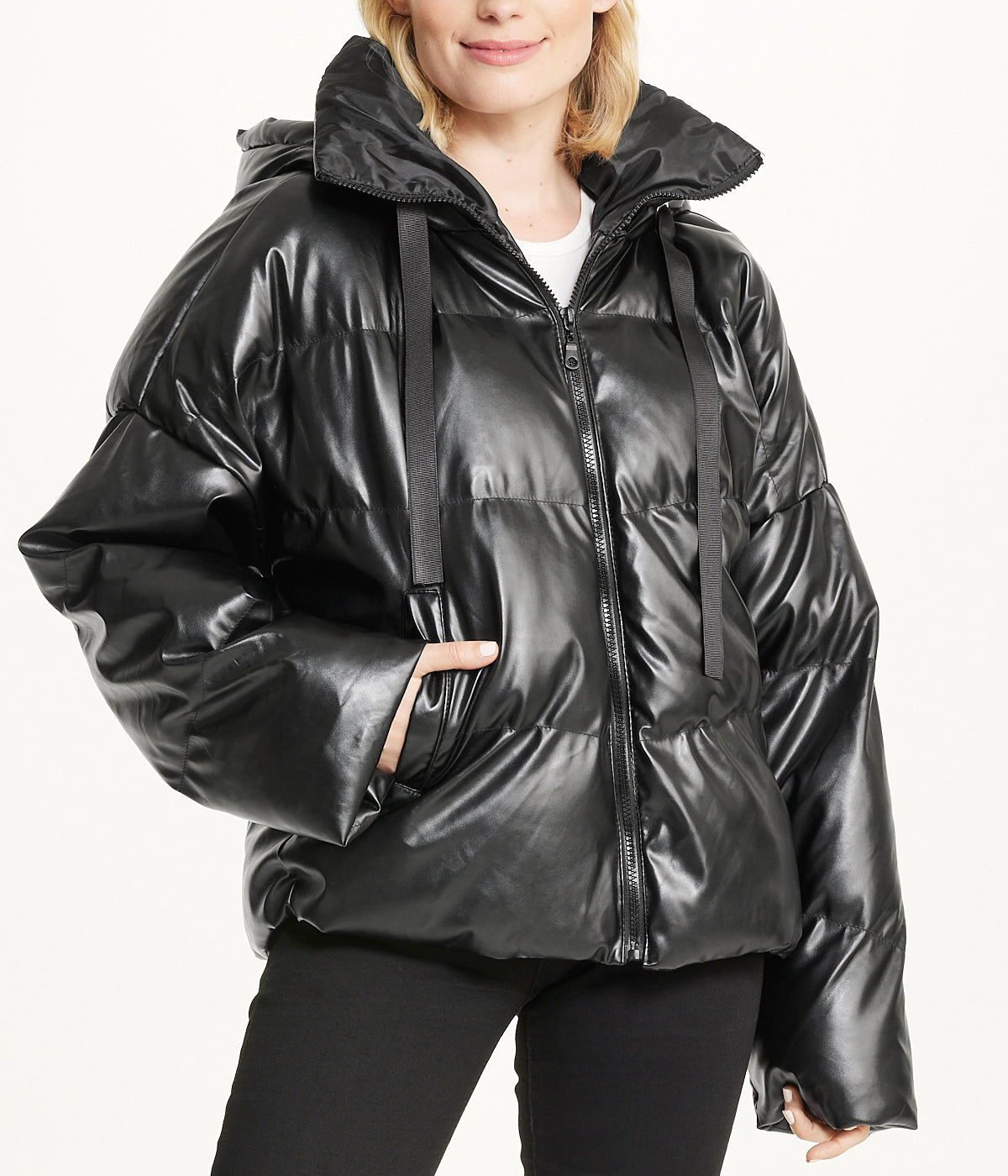  Vegan Leather Puffer Coat - Black - Bonton