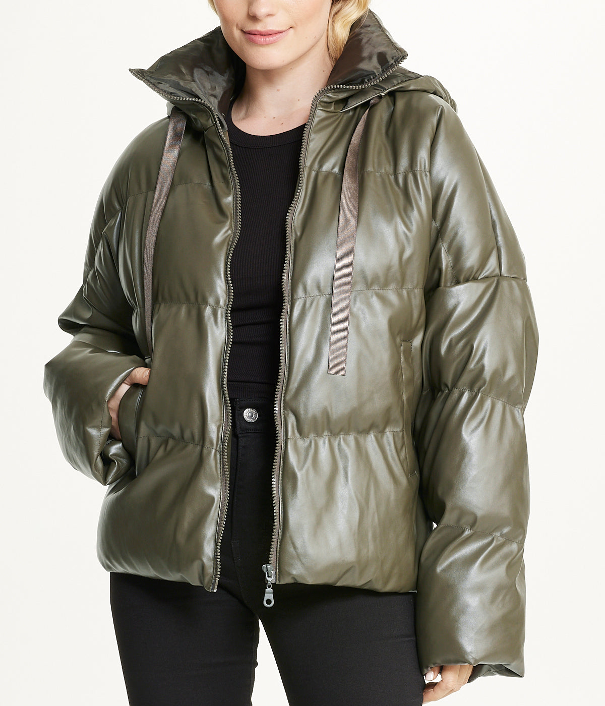  Vegan Leather Puffer Coat - Khaki - Bonton