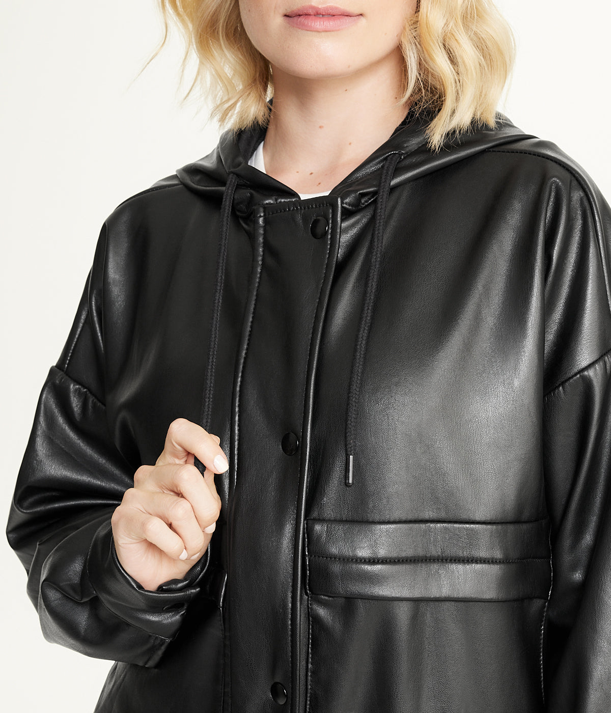  Vegan Leather Button Front Jacket - Black - Bonton